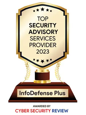 A gold and black trophy with the words top security advisory services provider 2 0 2 3 on it.